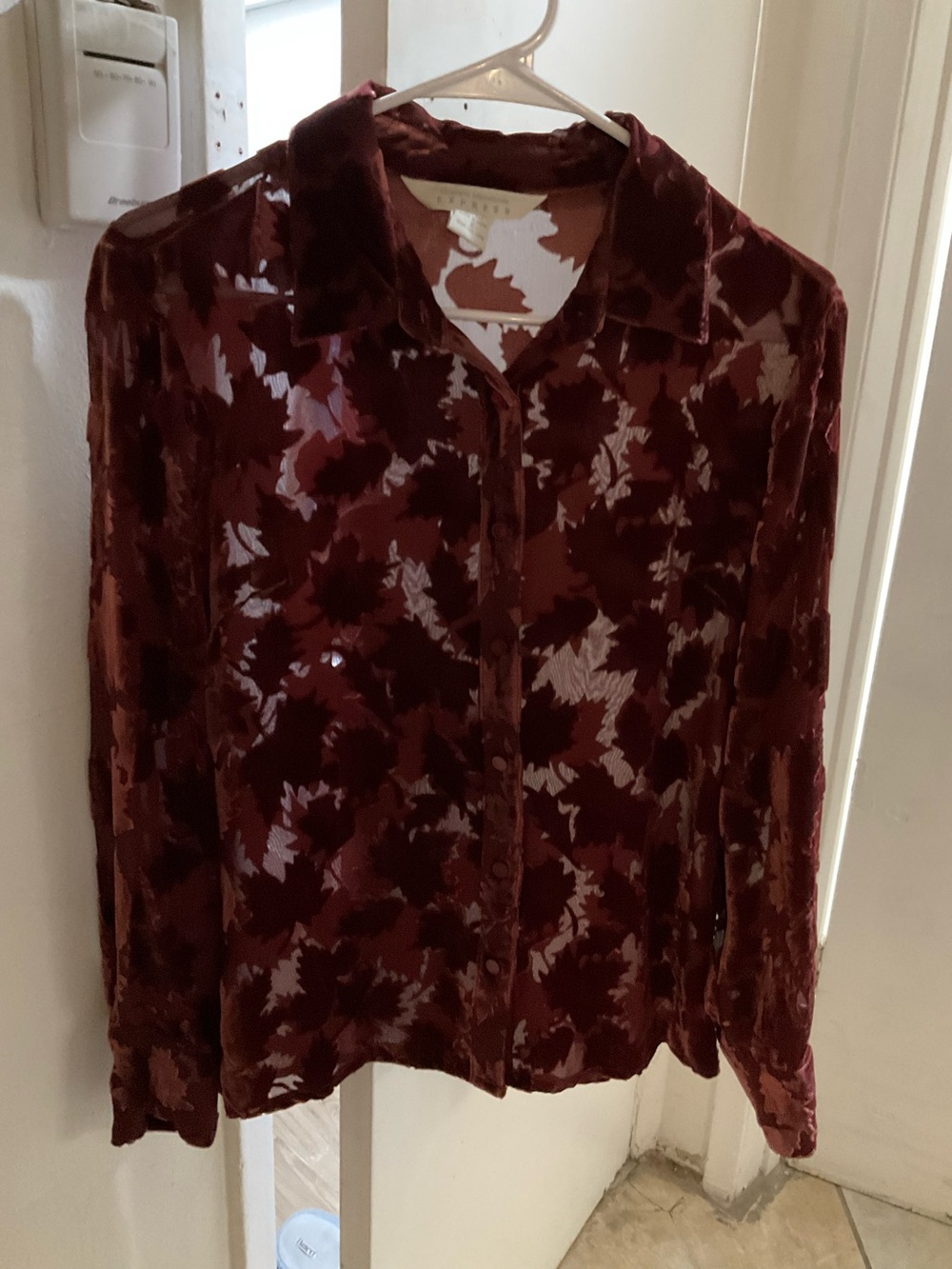 Express sheer button down fall leaves autumn top